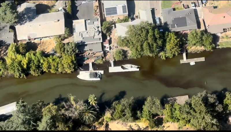 Aerial view of canal with boats